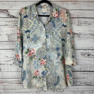 Womens Chicos Linen No Iron Button Up 3/4 Sleeve Tunic Blue White Floral XL (3)